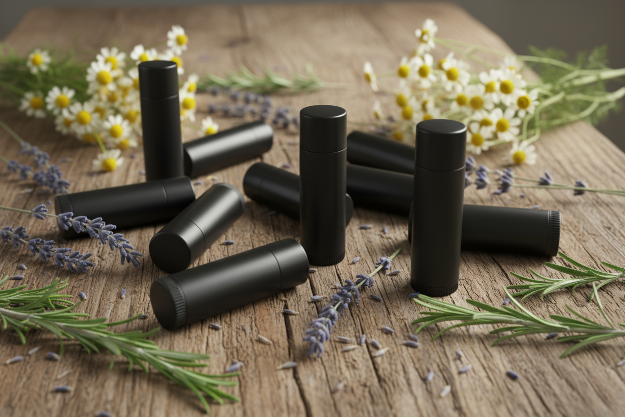 black lip balm tubes with no labels. dried herbs in a warm inviting