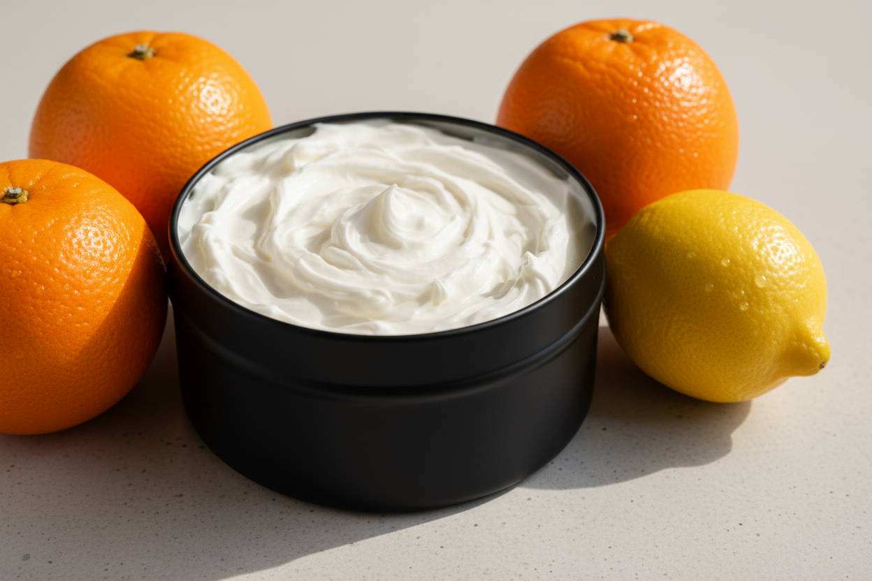 black round no label tin filled with whipped tallow. oranges and lemon