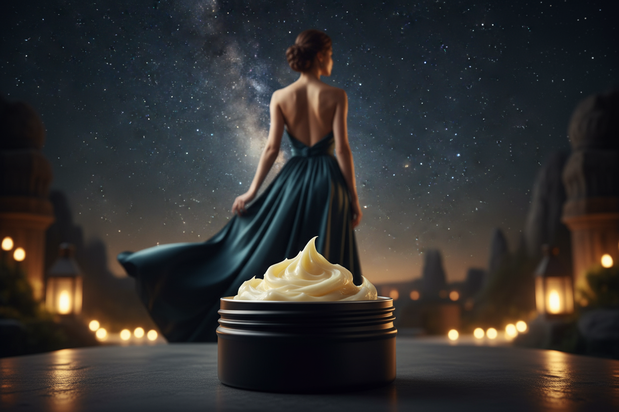 black round tin with a dallop of whipped tallow with a confident women with her back turned at night with shimmers of the night sky and soft lights