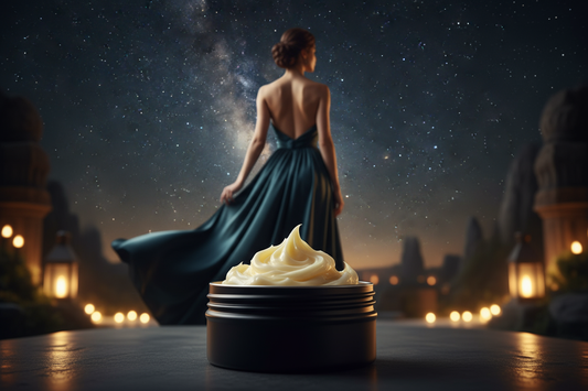 black round tin with a dallop of whipped tallow with a confident women with her back turned at night with shimmers of the night sky and soft lights