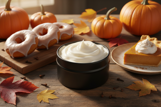 black round tin with no label filled with whipped dallop of tallow. pumpkins, fall leaves, pumpkin doughnuts, pumpkin pie, cloves 