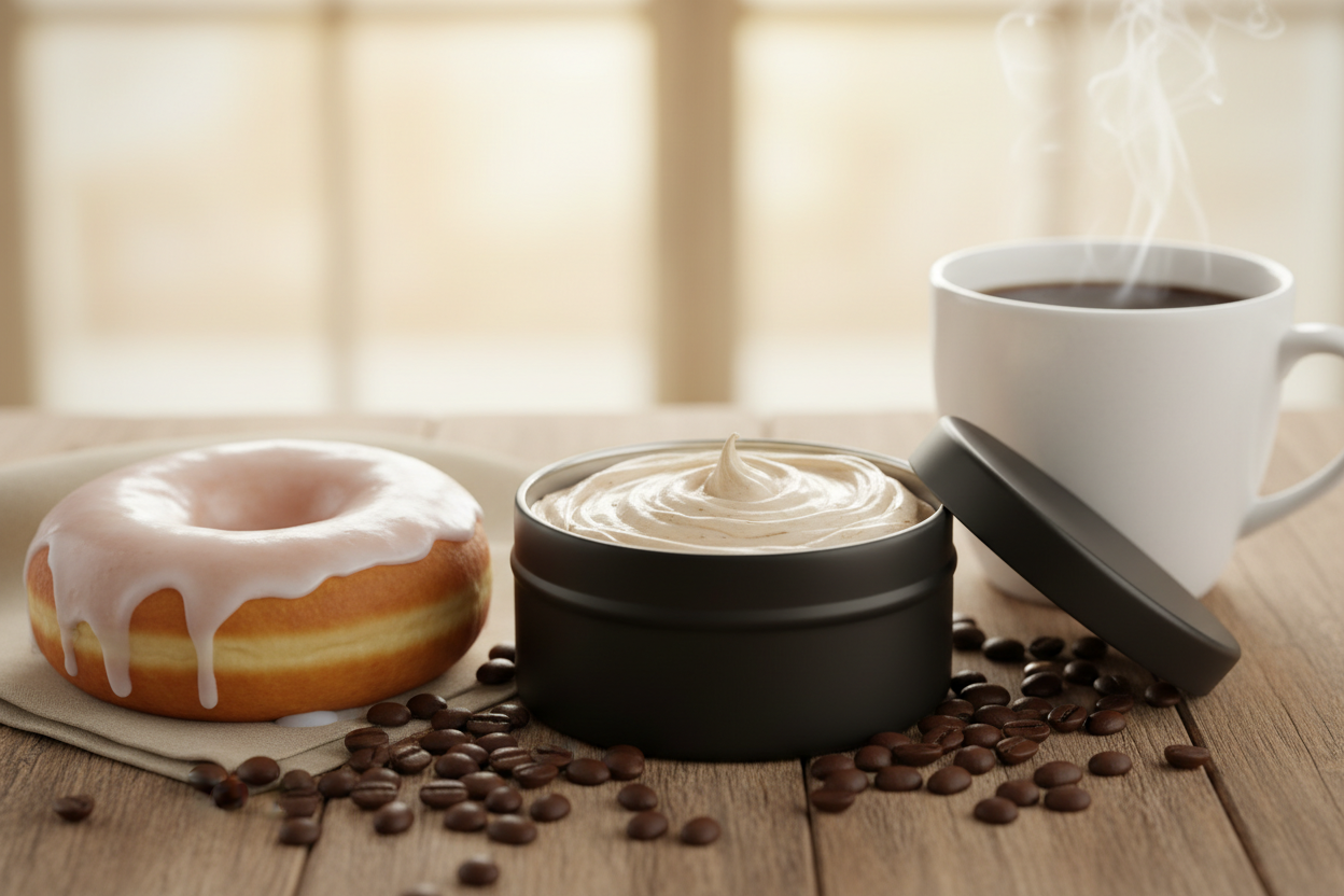 coffee infused whipped tallow in a round black tin with no label. coffee beans, delicious doughnut, steaming hot cup of coffee for a morning wake up
