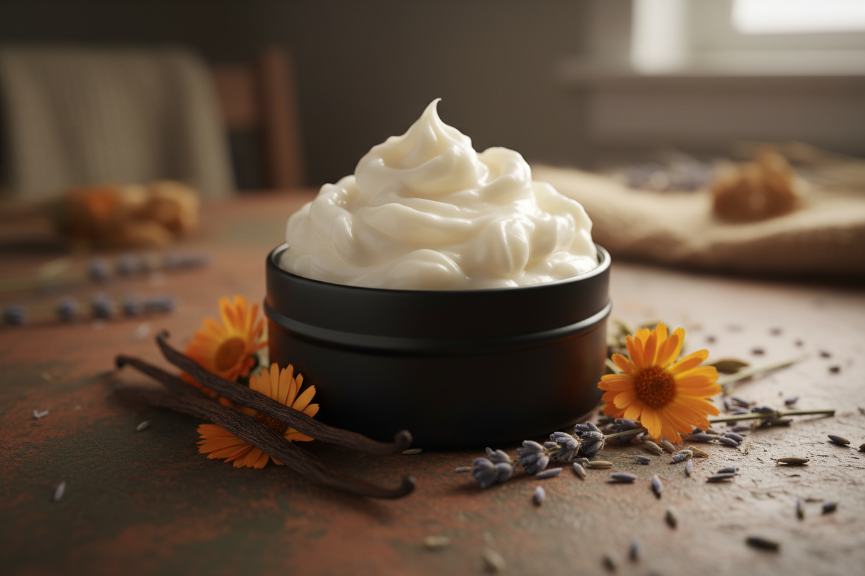dreamy dallop of whipped tallow in around black tin with no label surrounded but dried vanilla bean, calendula, and lavender. earthy toned background 