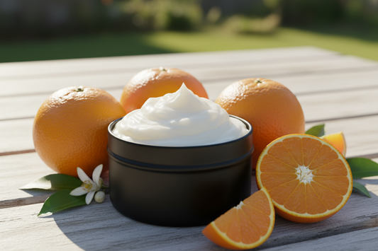 round black tin no label filled with whipped dallop of tallow, fresh oranges and bright sunny day