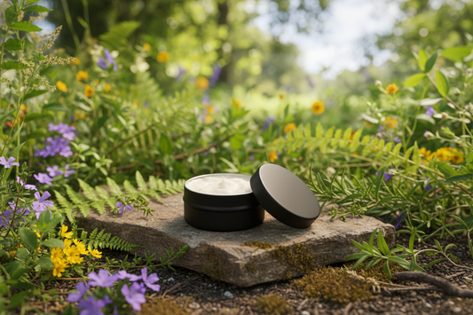 small black round tin with tallow salve. outdoors background with nataure bitanicals