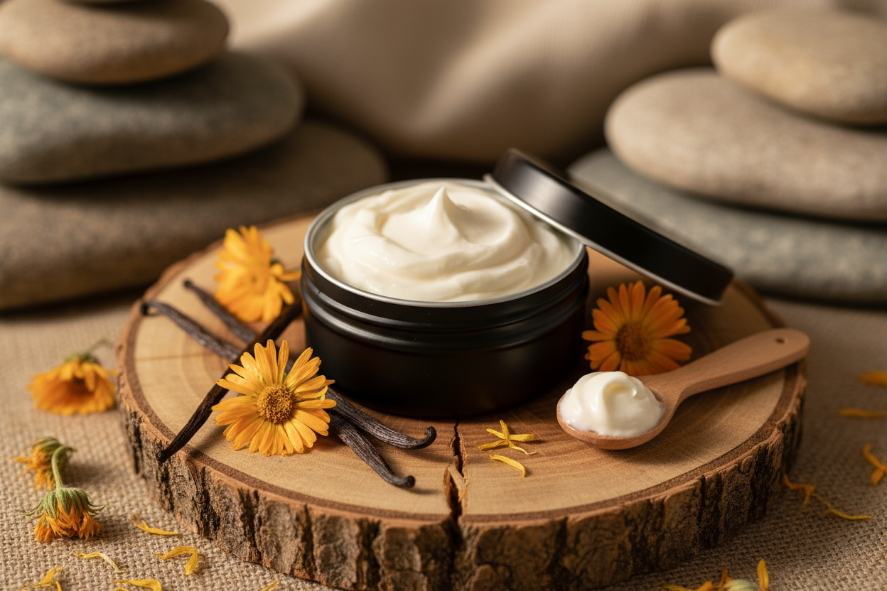 using dried herbs such as vanilla beans and calendula, natual background with black round tin to using with whipped tallow inside of tin 