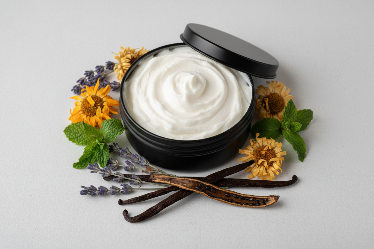 whipped tallow in a black round tin with no labels. dried herbs such a lavender, calendula, mint and vanilla beans