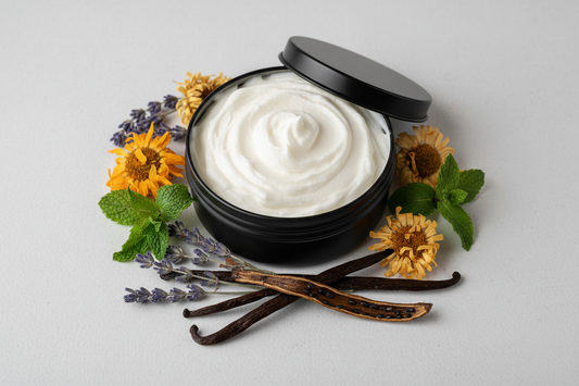 whipped tallow in a black round tin with no labels. dried herbs such a lavender, calendula, mint and vanilla beans